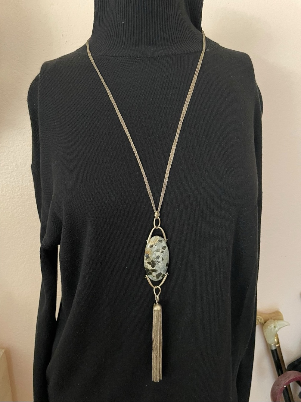 VTG Kenneth Cole Matte Gold Prehnite & Epidote Tassel Pendant Necklace